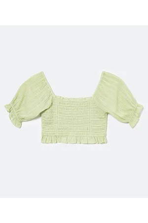Blue Steel Blusa Cropped com Corpo em Lastex e Detalhes de Entremeios