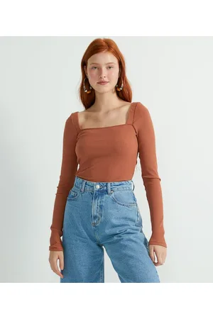 Blue Steel Blusa Canelada em Ribana com Decote Quadrado