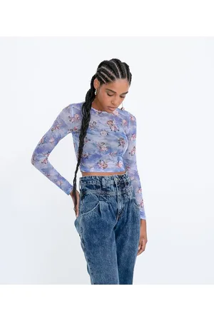 Blue Steel Blusa Cropped em Tule Estampa Anjinhos