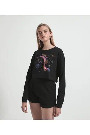 Blue Steel Blusa Cropped em Algodão Manga Longa Estampa Planetas