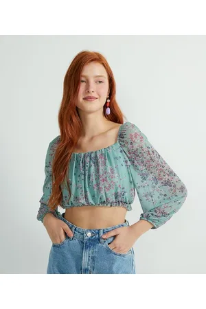 Blue Steel Blusa Curta em Tule com Estampa Floral e Manga Longa Bufante