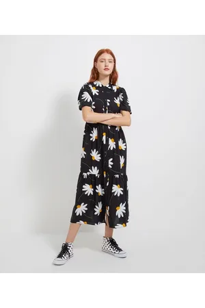 Blue Steel Vestido Chemise Midi em Viscose com Manga Bufante e Estampa Flores