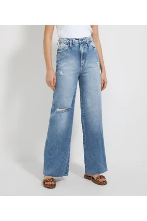 Blue Steel Calça Pantalona Jeans com Puídos e Rebites Rose