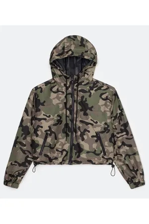 Blue Steel Jaqueta Quebra-Vento Cropped Estampa Camuflada com Capuz