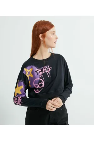 Blue Steel Blusa Cropped Manga Longa em Algodão Estampa Grafitti ET Trash