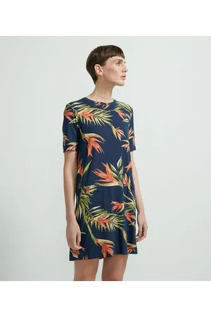 Marfinno Vestido Curto em Viscose com Manga Curta e Estampa Folhagens