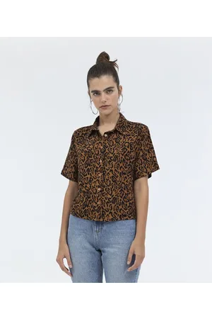 Blue Steel Camisa Cropped em Viscose com Estampa Animal Print Onça