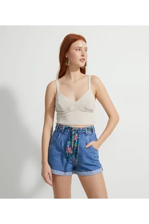 Blue Steel Blusa Super Cropped em Tricô Texturizado com Alças Finas