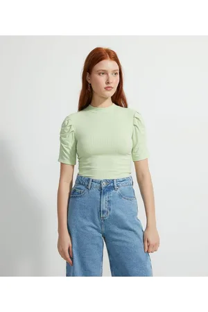 Blue Steel Blusa Manga Curta com Pregas em Ribana com Golinha Alta