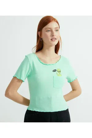 Blue Steel Blusa Manga Curta em Ribana com Bolsinho Frontal e Estampa E.T.