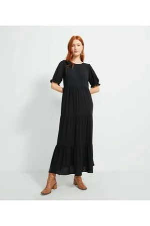 Blue Steel Vestido Midi em Viscose com Babados e Mangas Bufantes