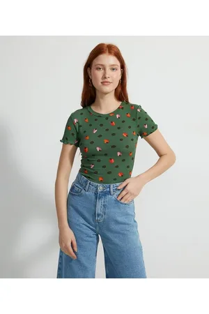 Blue Steel Blusa Manga Curta em Ribana Estampa Caju e Poá