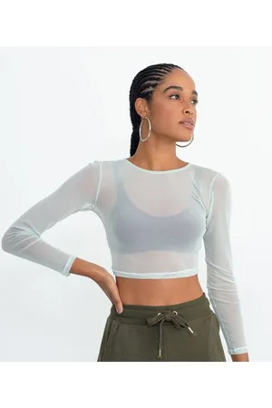 Blue Steel Blusa Cropped em Tule com Manga Longa