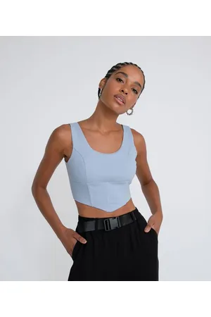 Blue Steel Blusa Cropped em Bengaline com Recortes Frontais e Barra Diferenciada