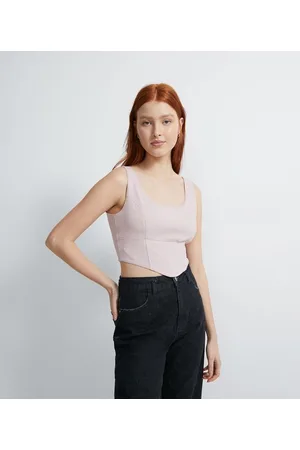 Blue Steel Blusa Cropped em Bengaline com Recortes Frontais e Barra Diferenciada