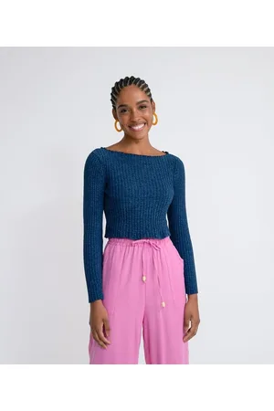 Blue Steel Blusa Curta em Tricô Chenille com Manga Longa