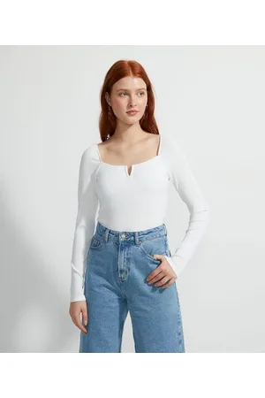 Blue Steel Blusa em Ribana com Decote Quadrado Abertura em V e Manga Longa