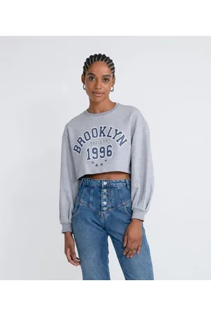 Blue Steel Blusão Cropped Fechado em Moletom com Estampa Escrita Brooklyn 1996