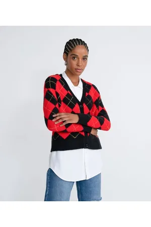 Blue Steel Cardigan Curto em Tricô Estampa Xadrez