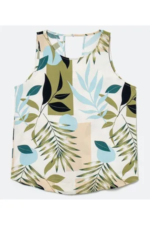 Marfinno Blusa Regata em Viscose com Alça Larga e Estampa de Folhagem
