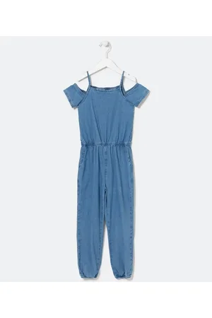 Fuzarka Macacão Infantil Longo em Jeans com Alcinhas - Tam 5 a 14 anos