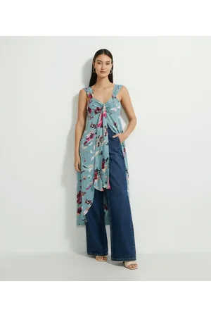 Cortelle Blusa Túnica em Crepe com Estampa Floral e Amarração Frontal