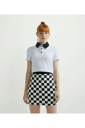 Blue Steel Blusa Cropped com Gola Polo Manga Curta e Botões Contrastantes