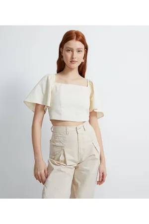 Blue Steel Blusa Cropped em Viscolinho com Manga Ampla e Amarração Costas