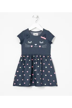 Póim (1 a 5 anos) Vestido Infantil Estampa de Gatinha com Orelhinhas 3D - Tam 1 a 5 anos