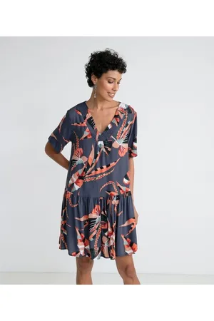 Marfinno Vestido Curto em Viscose com Estampa de Folhagem e Babado na Saia