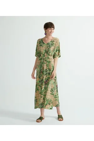 Marfinno Vestido Longo em Viscose Estampa Folhagens