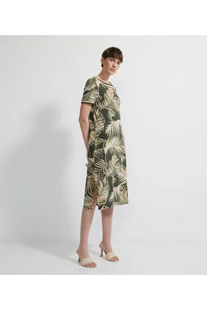 Marfinno Vestido Curto em Viscose com Estampa de Folhagem e Detalhe na Gola