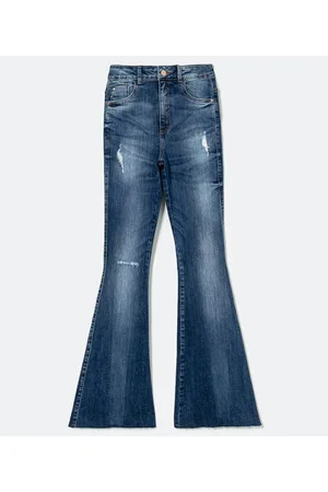Blue Steel Calça Flare Jeans com Puídos e Barra Cortada à Fio