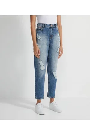 Blue Steel Calça Mom Jeans com Elástico na Cintura Destroyed