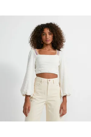 Blue Steel Blusa Cropped Manga Longa com Alça com Estampa Geométrica e Costas Transpassadas