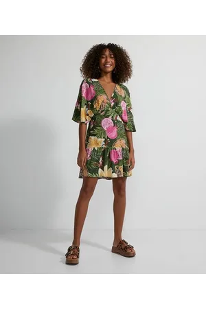Blue Steel Vestido Curto em Viscose com Estampa Tropical e Manga Ampla