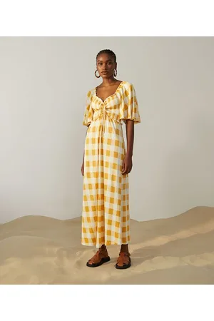 Blue Steel Vestido Midi em Viscose com Decote Quadrado e Estampa Xadrez