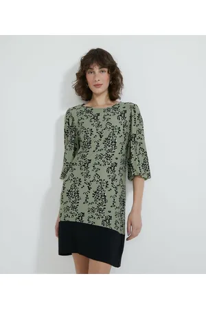 Cortelle Vestido Curto em Crepe Estampa Animal Print Onça com Detalhe Barrado