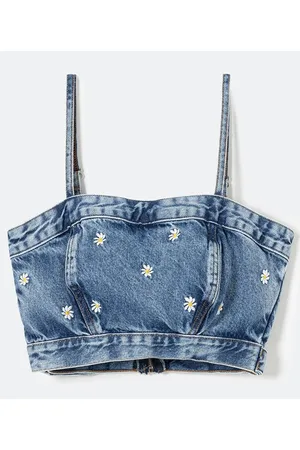 Blue Steel Blusa Super Cropped em Jeans com Bordado de Margaridas