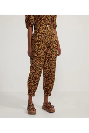 Blue Steel Calça Balloon em Tricoline Estampa Animal Print Onça com Pregas