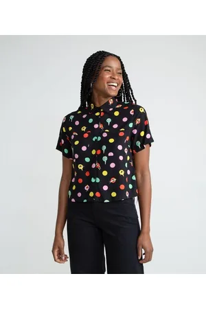 Blue Steel Camisa Cropped em Viscose com Estampas Coloridas