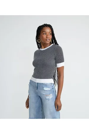 Blue Steel Blusa Cropped em Tricô Manga Curta Estampada