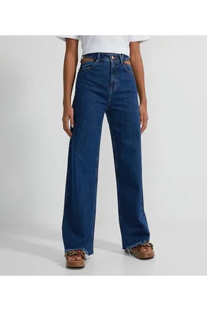 Blue Steel Calça Wide Leg em Jeans com Vazados e Puídos na Barra