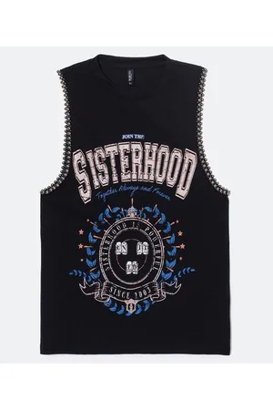 Blue Steel Blusa Regata em Algodão com Estampa Localizada Sisterhood e Aviamento nas Cavas