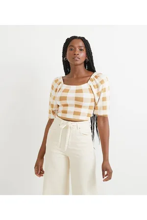 Blue Steel Blusa Cropped em Tricô Xadrez com Manga Bufante