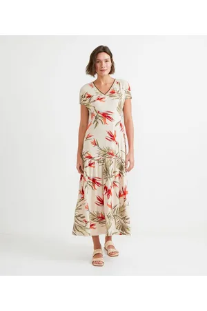 Marfinno Vestido Midi Manga Curta Estampa Folhagem