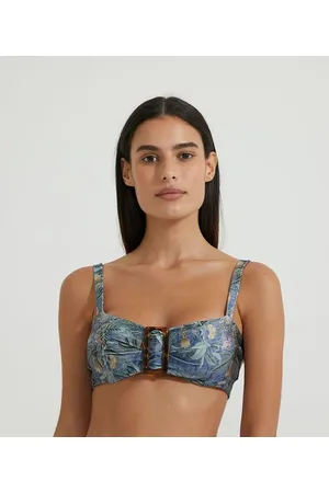 Bossa Nossa Biquíni Top Bandeau em Poliamida com Estampa de Folhagem