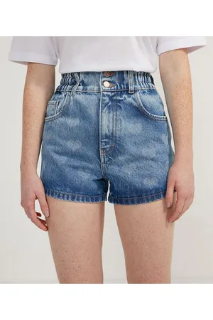 Blue Steel Short Mom Jeans com Cós Elástico Estampa à Laser Coração