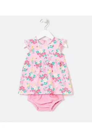 Teddy Boom Vestido Infantil com Estampa Floral e Frufru na Manga Acompanha Calcinha - Tam 0 a 18 meses