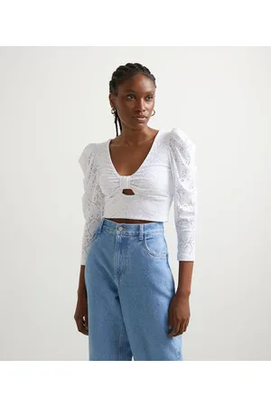 Blue Steel Blusa Cropped em Laise com Pregas nas Manga